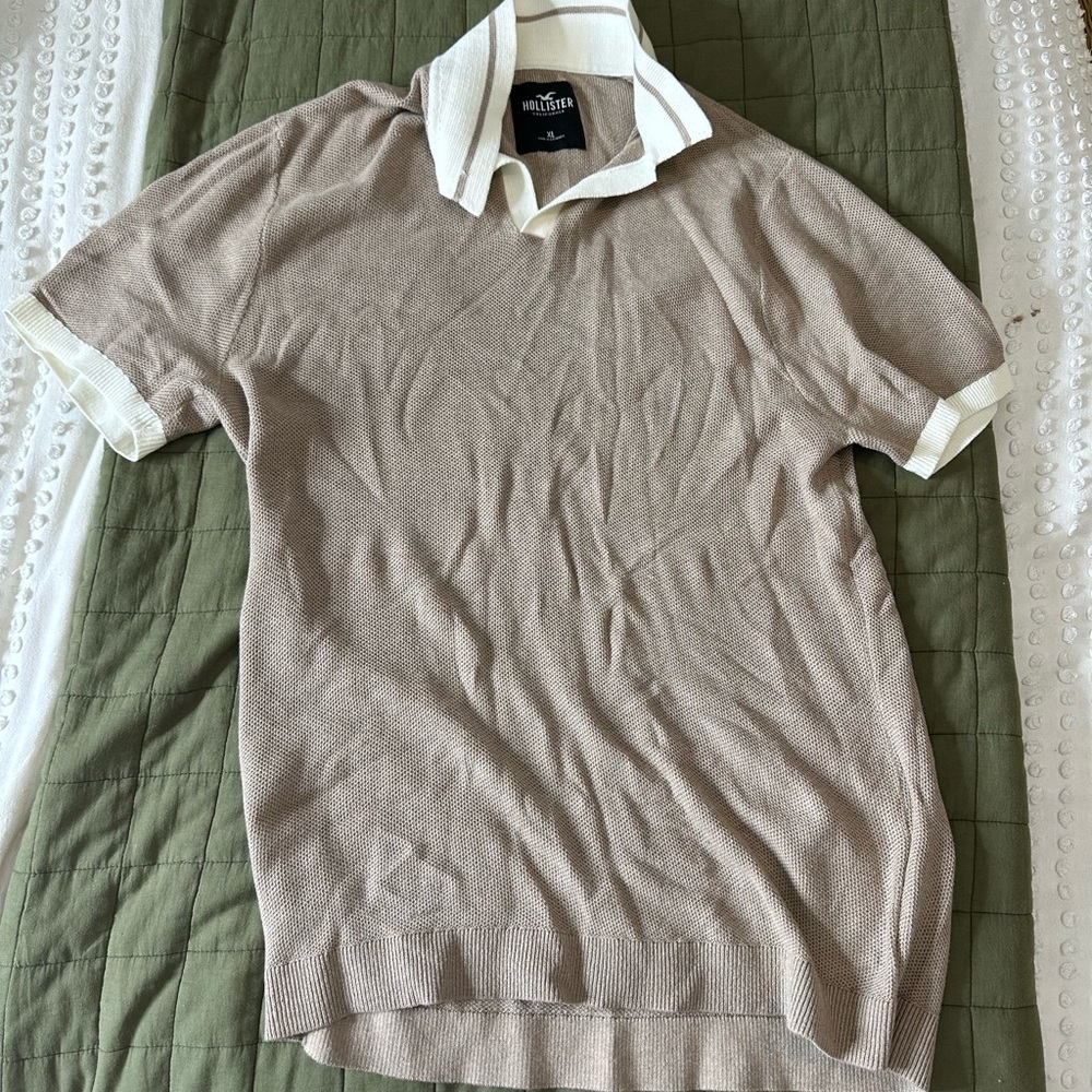 Hollister Tan and White Striped Polo Sweater
